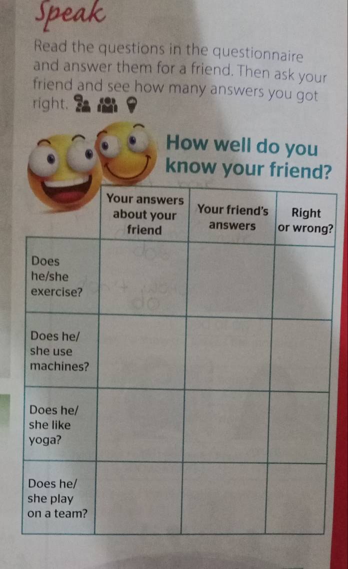 Speak 
Read the questions in the questionnaire 
and answer them for a friend. Then ask your 
friend and see how many answers you got 
right. 
? 
g?