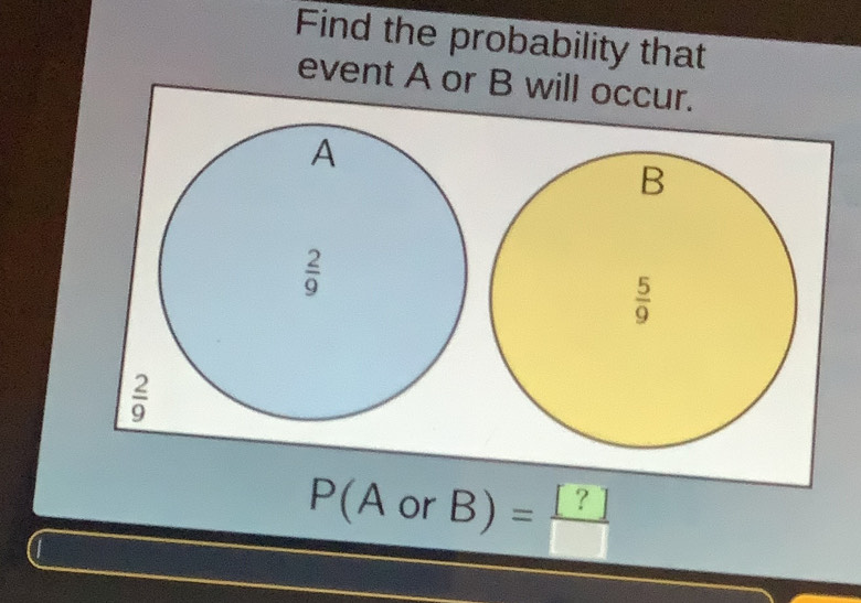 Find the probability that
event A or
P(AorB)= [?]/[] 