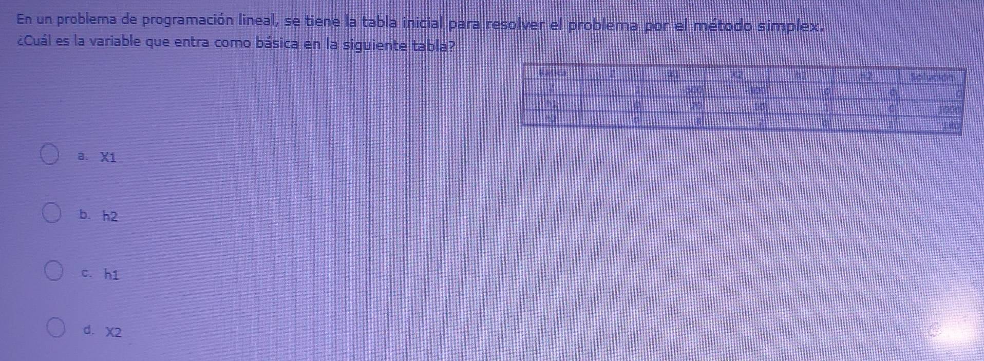 En un problema de programación lineal, se tiene la tabla inicial para resolver el problema por el método simplex.
¿Cuál es la variable que entra como básica en la siguiente tabla?
a. X1
b. h2
c. h1
d. X2