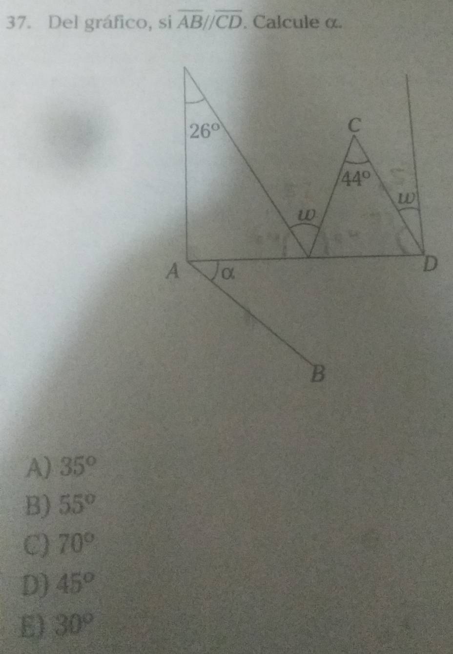 Del gráfico, si overline ABparallel overline CD. Calcule α.
A) 35°
B) 55°
C) 70°
D) 45°
E) 30°