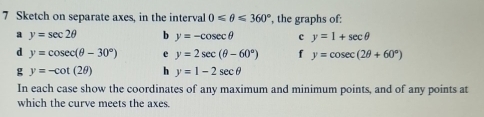 Sketch on separate axes, in the interval 0≤slant θ ≤slant 360° , the graphs of: 
a y=sec 2θ b y=-cosec θ c y=1+sec θ
d y=cos ec(θ -30°) e y=2sec (θ -60°) f y=cos ec(2θ +60°)
g y=-cot (2θ ) h y=1-2sec θ
In each case show the coordinates of any maximum and minimum points, and of any points at 
which the curve meets the axes.