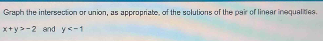 Graph the intersection or union, as appropriate, of the solutions of the pair of linear inequalities.
x+y>-2 and y