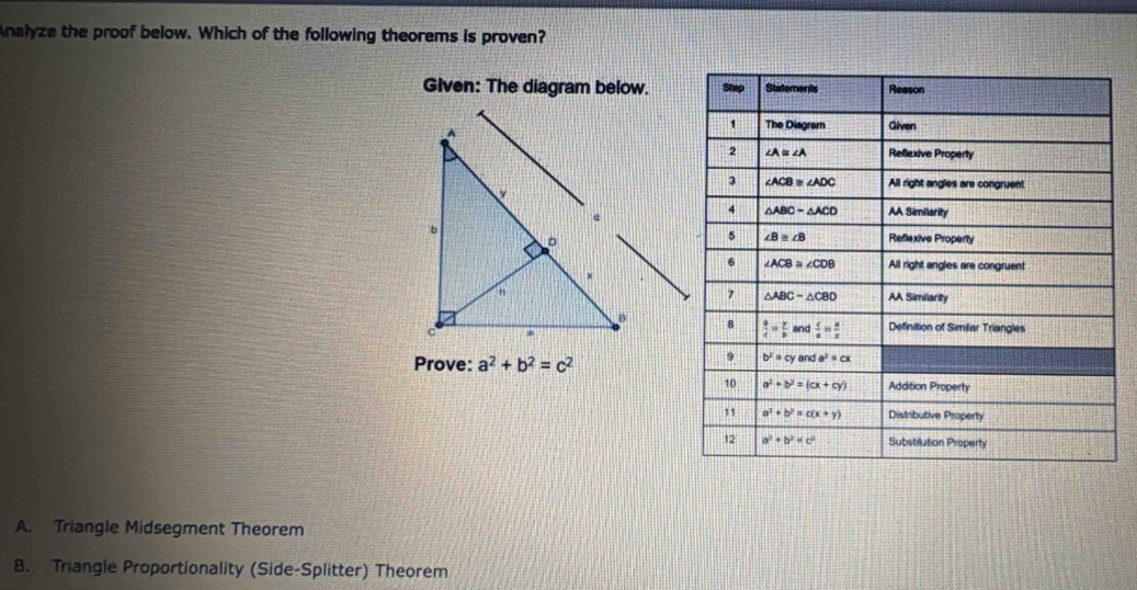 Analyze the proof below. Which of the following theorems is proven?
Given: The diagram below. 
Prove: a^2+b^2=c^2
A. Triangle Midsegment Theorem
B. Trangle Proportionality (Side-Splitter) Theorem