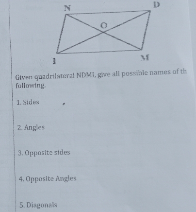 Given quadrilateral NDMI, give all possible names of th 
following. 
1. Sides 
2. Angles 
3. Opposite sides 
4. Opposite Angles 
5. Diagonals