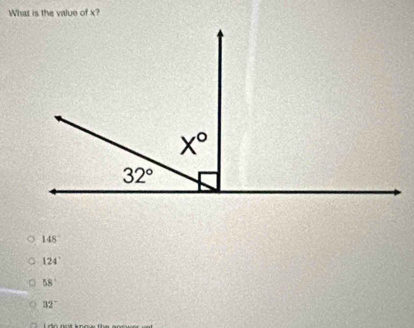 What is the value of x?
148
124°
58°
32°