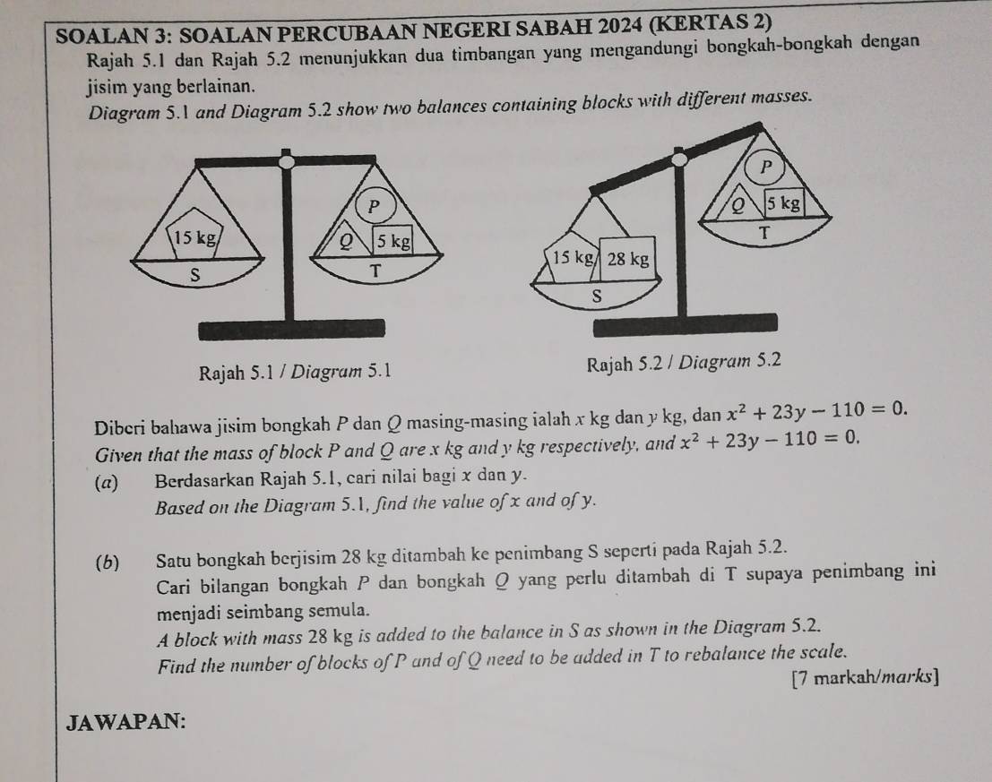 SOALAN 3: SOALAN PERCUBAAN NEGERI SABAH 2024 (KERTAS 2)
Rajah 5.1 dan Rajah 5.2 menunjukkan dua timbangan yang mengandungi bongkah-bongkah dengan
jisim yang berlainan.
Diagram 5. and Diagram 5.2 show two balances containing blocks with different masses.
P
15 kg Q 5 kg
S
T
Rajah 5.1 / Diagram 5.1 Rajah 5.2 / Diagram 5.2
Diberi bahawa jisim bongkah P dan Q masing-masing ialah x kg dan y kg, dan x^2+23y-110=0. 
Given that the mass of block P and Q are x kg and y kg respectively, and x^2+23y-110=0. 
(α) Berdasarkan Rajah 5.1, cari nilai bagi x dan y.
Based on the Diagram 5.1, find the value of x and of y.
(6) Satu bongkah berjisim 28 kg ditambah ke penimbang S seperti pada Rajah 5.2.
Cari bilangan bongkah P dan bongkah Q yang perlu ditambah di T supaya penimbang ini
menjadi seimbang semula.
A block with mass 28 kg is added to the balance in S as shown in the Diagram 5.2.
Find the number of blocks of P and of Q need to be added in T to rebalance the scale.
[7 markah/marks]
JAWAPAN: