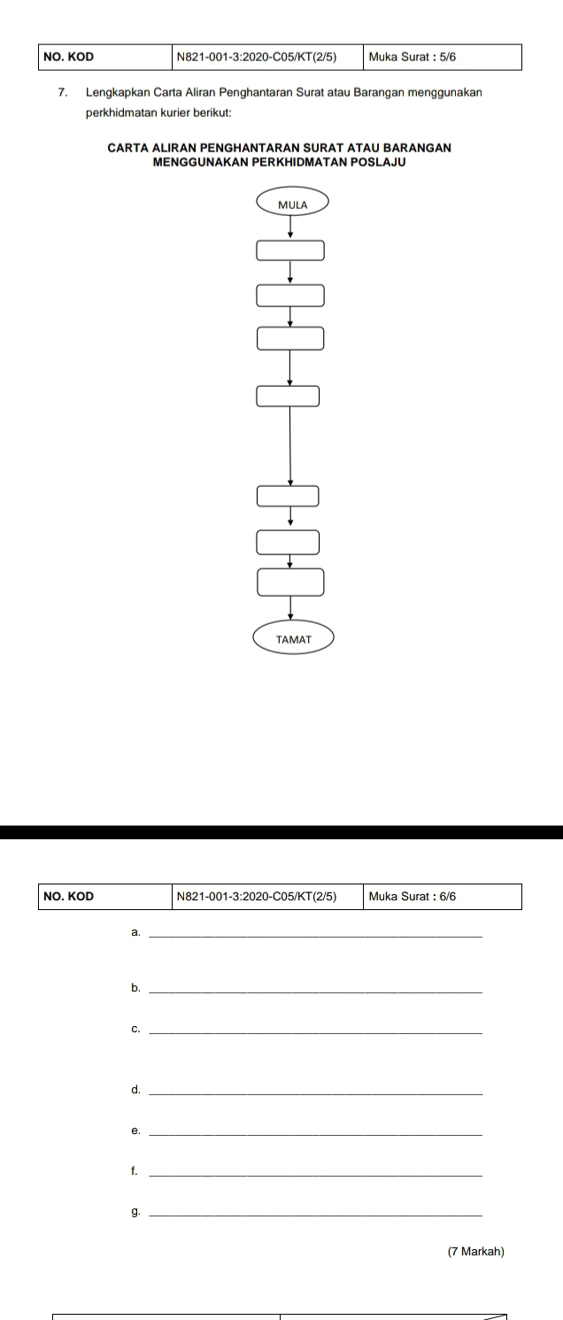 NO. KOD N821-001 -3:2020-C05/KT(2/5) Muka Surat : 5/6
7. Lengkapkan Carta Aliran Penghantaran Surat atau Barangan menggunakan 
perkhidmatan kurier berikut: 
MENGGUNAKAN PERKHIDMATAN POSLAJU 
MULA 
TAMAT 
NO. KOD N821-001-3:2020-C05/KT(2/5) Muka Surat : 6/6
a._ 
b._ 
C._ 
d._ 
_Q 
f._ 
g._ 
(7 Markah)