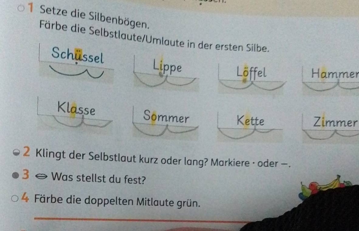 Setze die Silbenbögen. 
Färbe die Selbstlaute/Umlaute in der ersten Silbe. 
Schussel 
Lippe 
Löffel Hammer 
Klasse Sommer 
Kette Zimmer 
2 Klingt der Selbstlaut kurz oder lang? Markiere · oder —. 
3 Was stellst du fest? 
4 Färbe die doppelten Mitlaute grün. 
_