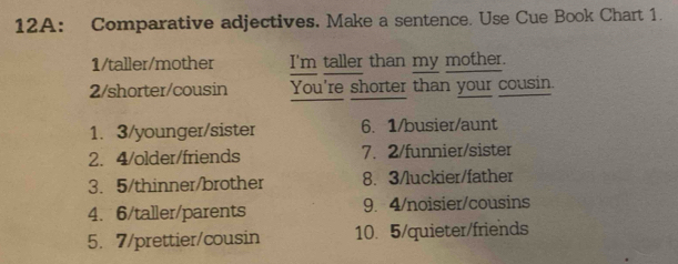 12A: Comparative adjectives. Make a sentence. Use Cue Book Chart 1. 
1/taller/mother I'm taller than my mother. 
2/shorter/cousin You're shorter than your cousin. 
1. 3 /younger/sister 6. 1 /busier/aunt 
2. 4 /older/friends 7. 2 /funnier/sister 
3. 5 /thinner/brother 8. 3 /luckier/father 
4. 6 /taller/parents 9. 4 /noisier/cousins 
5. 7 /prettier/cousin 10. 5 /quieter/friends