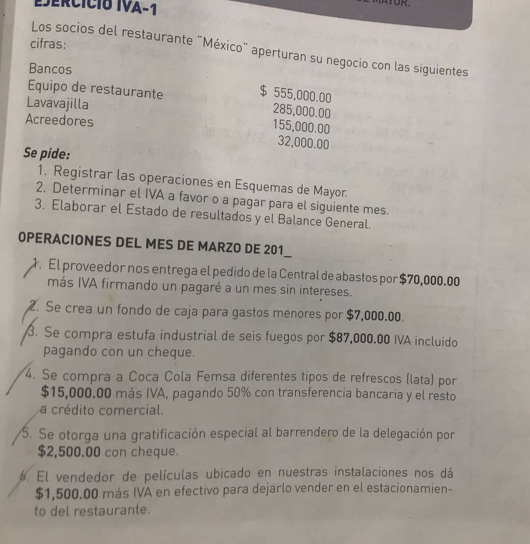 EsErCíció IVA-1 
ATUR. 
cifras: 
Los socios del restaurante "México" aperturan su negocio con las siguientes 
Bancos 
Equipo de restaurante
$ 555,000.00
Lavavajilla
285,000.00
Acreedores
155,000.00
32,000.00
Se pide: 
1. Registrar las operaciones en Esquemas de Mayor. 
2. Determinar el IVA a favor o a pagar para el siguiente mes. 
3. Elaborar el Estado de resultados y el Balance General. 
OPERACIONES DEL MES DE MARZO DE 201
1. El proveedor nos entrega el pedido de la Central de abastos por $70,000.00
más IVA firmando un pagaré a un mes sin intereses. 
2. Se crea un fondo de caja para gastos menores por $7,000.00. 
3. Se compra estufa industrial de seis fuegos por $87,000.00 IVA incluido 
pagando con un cheque. 
4. Se compra a Coca Cola Femsa diferentes tipos de refrescos (lata) por
$15,000.00 más IVA, pagando 50% con transferencia bancaria y el resto 
a crédito comercial. 
5. Se otorga una gratificación especial al barrendero de la delegación por
$2,500.00 con cheque. 
6. El vendedor de películas ubicado en nuestras instalaciones nos dá
$1,500.00 más IVA en efectivo para dejarlo vender en el estacionamien- 
to del restaurante.