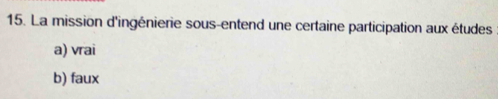 La mission d'ingénierie sous-entend une certaine participation aux études
a) vrai
b) faux