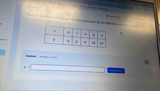 Queation 
. c *ome Guogie Ores E
2x-2
Watch Vidoo 
Find the equation of the linear function represented by the table below in slope-inteverpt furt 
Answer Attempt 1 out of 2 =
y=□ Sabmit Anssoer