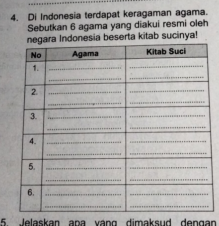 Di Indonesia terdapat keragaman agama. 
Sebutkan 6 agama yang diakui resmi oleh 
ndonesia beserta kitab sucinya! 
5. Jelaskan apa váng dimaksud dengan