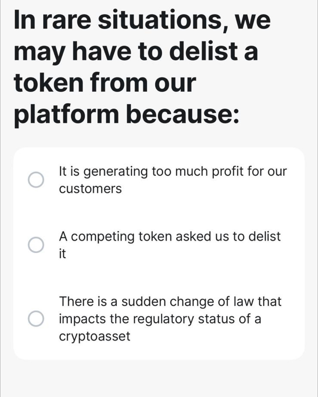Solved: In rare situations, we may have to delist a token from our platform  because: It is generat [Others]