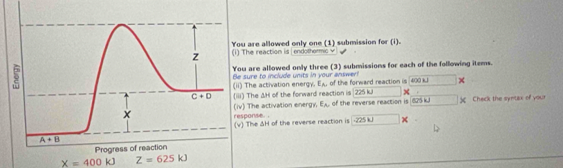 are allowed only one (1) submission for (i).
he reaction is| endothermic 
are allowed only three (3) submissions for each of the following items.
ure to include units in your answer!
The activation energy, E_A of the forward reaction is 400 k ×
The ΔH of the forward reaction is | 225 kJ +
The activation energy, E_A of the reverse reaction is 625 kJ  Check the syntax of your
onse. . -225 kJ X
The ΔH of the reverse reaction is
X=400kJ