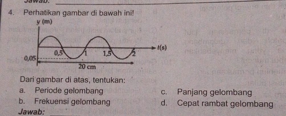 JawaD._
4. Perhatikan gambar di bawah ini!
Dari gambar di atas, tentukan:
a. Periode gelombang c. Panjang gelombang
b. Frekuensi gelombang d. Cepat rambat gelombang
Jawab: