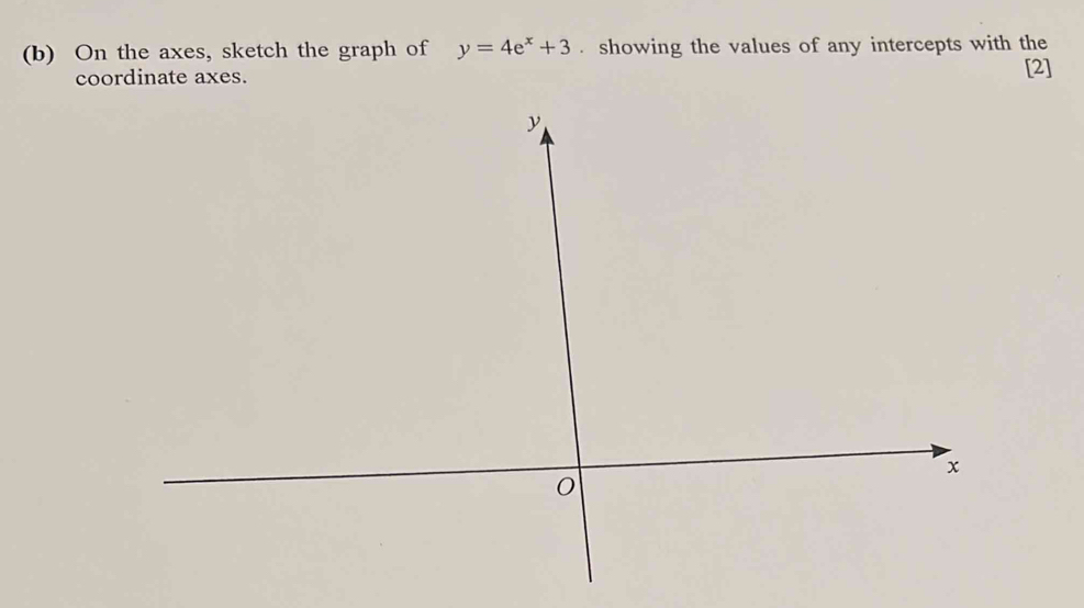 On the axes, sketch the graph of y=4e^x+3. showing the values of any intercepts with the 
coordinate axes. [2]