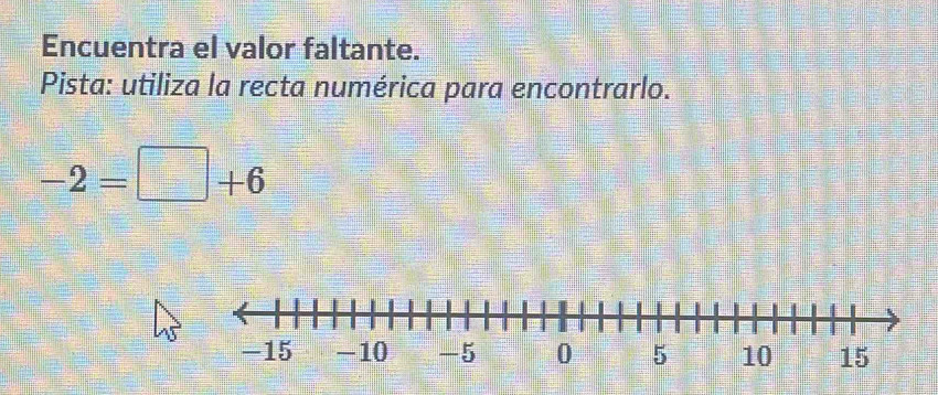 Encuentra el valor faltante. 
Pista: utiliza la recta numérica para encontrarlo.
-2=□ +6