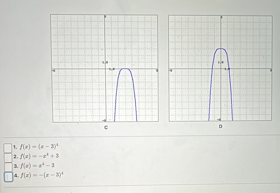 f(x)=(x-3)^4
2. f(x)=-x^4+3
3. f(x)=x^4-3
4. f(x)=-(x-3)^4