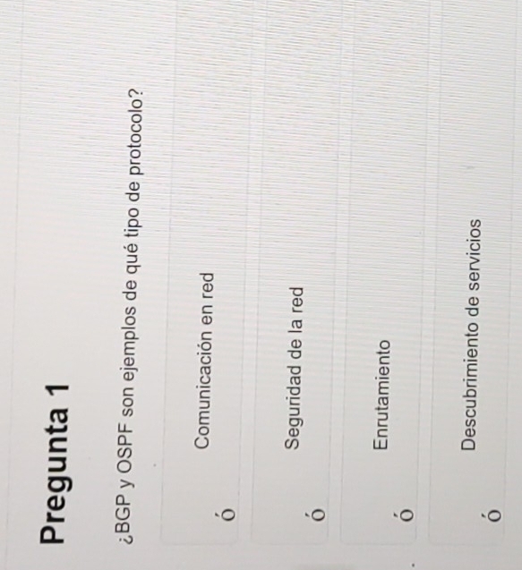 Pregunta 1
¿BGP y OSPF son ejemplos de qué tipo de protocolo?
Comunicación en red
ó
Seguridad de la red
ó
Enrutamiento
()
Descubrimiento de servicios
ó