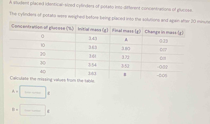 A student placed identical-sized cylinders of potato into different concentrations of glucose. 
The cylinders of potato were weighed before being placed into the solutiute
A= Enter number g
B= Enter number g