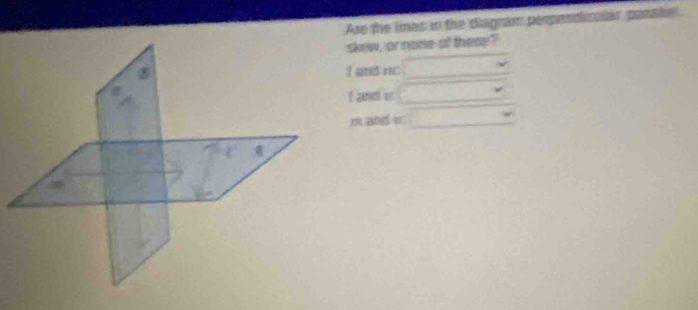 Ase the lines in the diagram pespendicolar, pensle 
skew, or none at these?
x_1+x_2= □ /□   □ 
f andl or x_1+x_2= □ /□  
m and i □ ≌