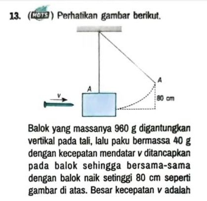 (21) Perhatikan gambar berikut. 
Balok yang massanya 960 g digantungkan 
vertikal pada tali, lalu paku bermassa 40 g
dengan kecepatan mendatar v ditancapkan 
pada balok sehingga bersama-sama 
dengan balok naik setinggi 80 cm seperti 
gambar di atas. Besar kecepatan v adalah