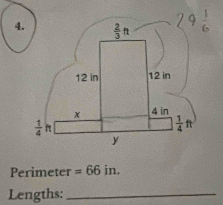 Perimeter =66in.
Lengths:_