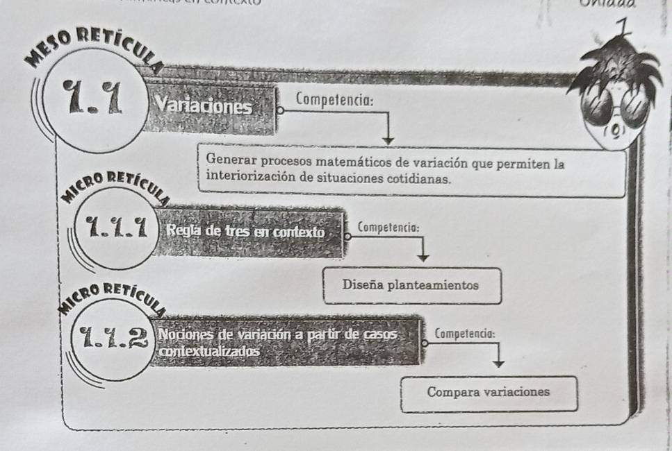 MESO RETÍCUL 
1.1 Variaciones Competencia: 
Generar procesos matemáticos de variación que permiten la 
interiorización de situaciones cotidianas. 
HICRO RETÍCULA 
1.1.1 Regla de tres en contexto Competencia: 
Diseña planteamientos 
VICRO RETÍCULA 
1.1.2 Nociones de variación a partir de casos Competencia: 
contextualizados 
Compara variaciones