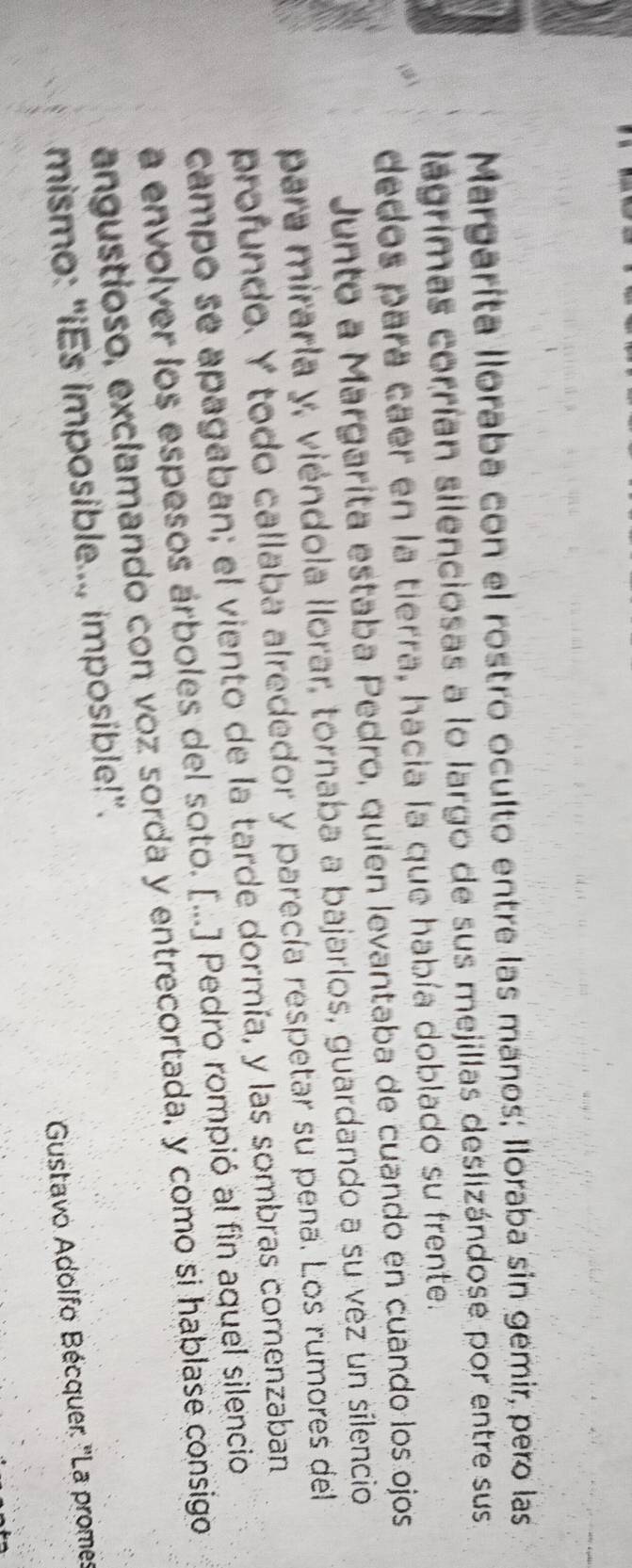 Margarita Iloraba con el rostro oculto entre las manos; Iloraba sin gemir, pero las 
lágrímas corrían silenciosas a lo largo de sus mejillas deslizándose por entre sus 
dedos para caer en la tierra, hacia la que había doblado su frente. 
Junto a Margarita estaba Pedro, quien levantaba de cuando en cuando los ojos 
para mirarla y, viéndola llorar, tornaba a bajarlos, guardando a su vez un silencio 
profundo. Y todo callaba alrededor y parecía respetar su pena. Los rumores dell 
campo se apagaban; el viento de la tarde dormía, y las sombras comenzaban 
a envolver los espesos árboles del soto. [...] Pedro rompió al fin aquel silencio 
angustioso, exclamando con voz sorda y entrecortada, y como si hablase consigo 
mismo: “iEs imposible..., imposible!”. 
* Gustavo Adolfo Bécquer: ''La promes