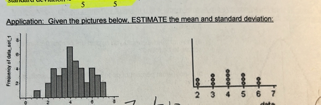 Se 
5 5 
Application: Given the pictures below, ESTIMATE the mean and standard deviation:
0 2 4 B 8