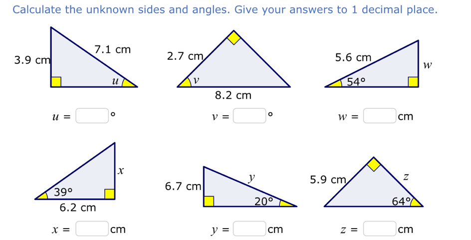 Calculate the unknown sides and angles. Give your answers to 1 decimal place.
u=□°
v=□°
w=□ cm
x=□ cm
y=□ cm
z=□ cm