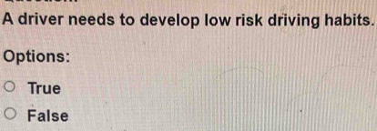 A driver needs to develop low risk driving habits.
Options:
True
False