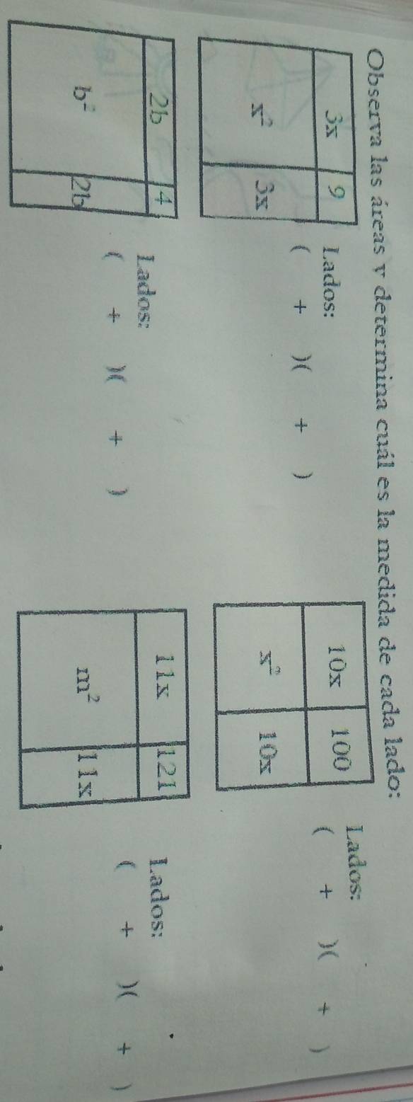 Observa las áreas y determina cuál es la medida de cada lado:
Lados: Lados:
( + ₹)( ₹ +
(+)( + )
 
Lados:
Lados:+ )( + )
1 +) + )
(