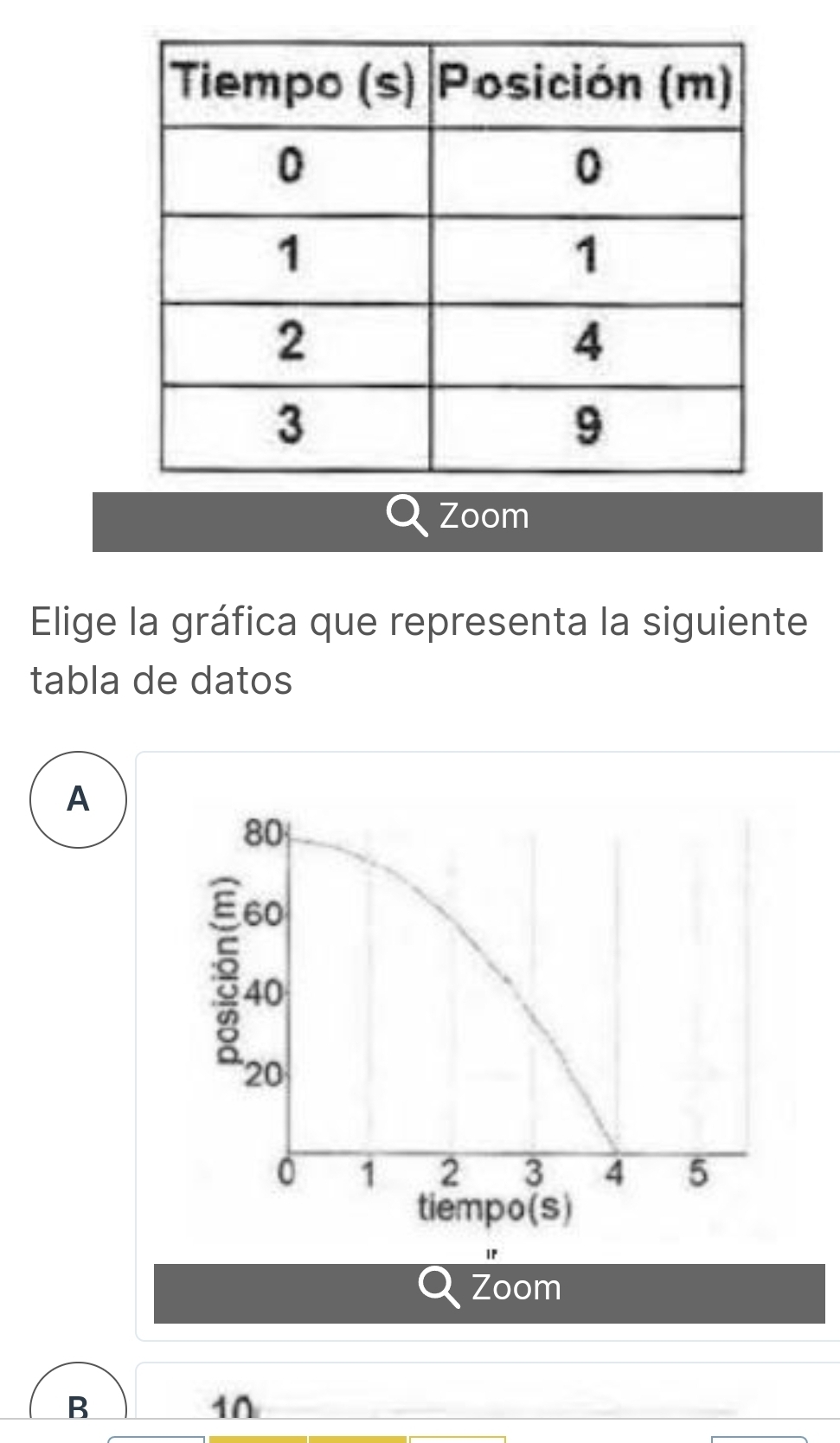 Zoom 
Elige la gráfica que representa la siguiente 
tabla de datos 
A
80
60
40
20
0 1 2 3 4 5
tiempo(s) 
IF 
Zoom 
B
10