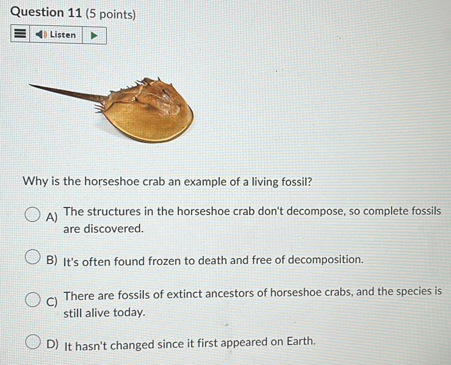 Solved: Listen Why is the horseshoe crab an example of a living fossil ...