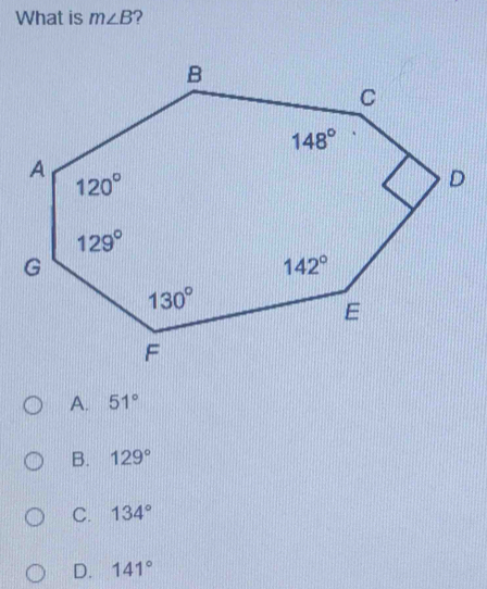 What is m∠ B
A. 51°
B. 129°
C. 134°
D. 141°