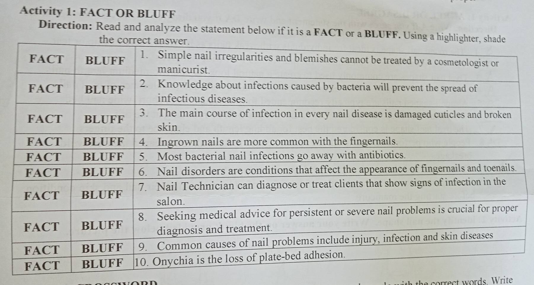 Activity 1: FACT OR BLUFF 
Direction: Read and analyze the statement below if it is a FACT or a BLUFF. Using a 
the o rrect words Write