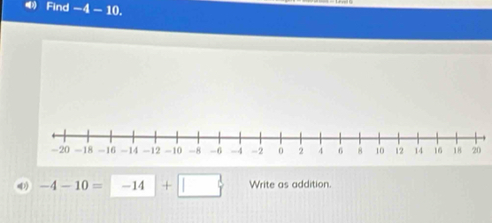 Find -4-10. 
d
-4-10= |. -14 + □  Write as addition.