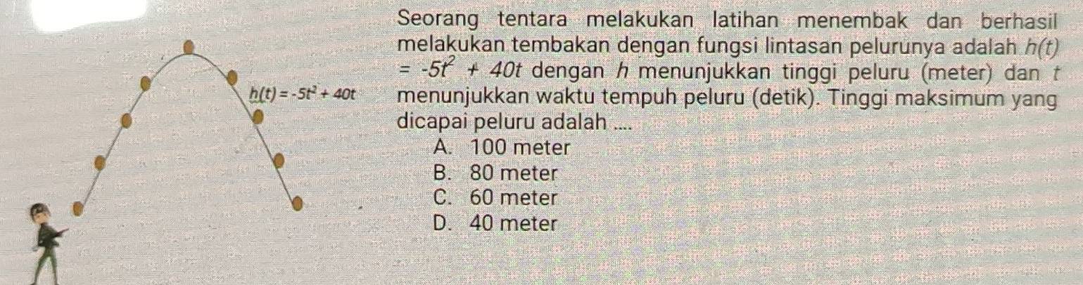 Seorang tentara melakukan latihan menembak dan berhasil
melakukan tembakan dengan fungsi lintasan pelurunya adalah h(t)
=-5t^2+40t dengan h menunjukkan tinggi peluru (meter) dan t
menunjukkan waktu tempuh peluru (detik). Tinggi maksimum yang
icapai peluru adalah ....
A. 100 meter
B. 80 meter
C. 60 meter
D. 40 meter