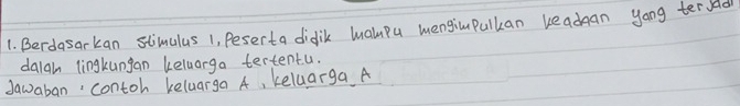 Berdasarkan stimulus 1, Peserta didik lualupu mengimPulkan readgan yong terdad 
dalah lingkungan keluarga tertentu. 
dawaban contoh Keluarga A, keluarga A