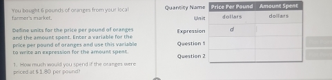 You bought 6 pounds of oranges from your local Quantity Nam 
farmer's market. Uni 
Define units for the price per pound of oranges 
and the amount spent. Enter a variable for the Expressio 
price per pound of oranges and use this variable Question 
to write an expression for the amount spent. Question 
1. How much would you spend if the oranges were 
priced at $ 1.80 per pound?