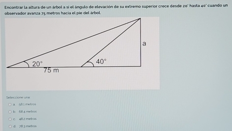 Encontrar la altura de un árbol a si el ángulo de elevación de su extremo superior crece desde 20° hasta 40° cuando un
observador avanza 75 metros hacia el pie del árbol
Seleccione una
a 58.1 metros
b. 68 4 metros
c. 48 2 metros
d. 78 3 metrus