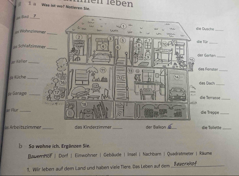 lei leben 
1 a Was ist wo? Notieren Sie. 
d 
b So wohne ich. Ergänzen Sie. 
Bauernhof | Dorf | Einwohner | Gebäude | Insel | Nachbarn | Quadratmeter | Räume 
1. Wir leben auf dem Land und haben viele Tiere. Das Leben auf dem_