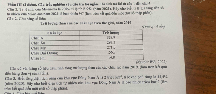 Phần III (2 điểm). Câu trắc nghiệm yêu cầu trả lời ngắn. Thí sinh trả lời từ câu 1 đến câu 4.
Cầu 1. Tỉ lệ sinh của Mi-an-ma là 20 ‰, tỉ lệ tử là 9‰ (năm 2021). Hãy cho biết tỉ lệ gia tăng dân số
tự nhiên của Mi-an-ma năm 2021 là bao nhiêu %? (làm tròn kết quả đến một chữ số thập phân).
Câu 2. Cho bảng số liệu:
Trữ lượng than của các châu lục trên thế giới, năm 2019
(Đơn vị: tỉ tấn)
B, 2022)
Căn cứ vào bảng số liệu trên, tính tổng trữ lượng than của các châu lục năm 2019. (làm tròn kết quả
đến hàng đơn vị của ti tấn).
Câu 3. Biết tổng diện tích rừng của khu vực Đông Nam Á là 2 triệu km^2 , tỉ lệ che phủ rừng là 44, 4%
(năm 2020). Hãy cho biết diện tích tự nhiên của khu vực Đông Nam Á là bao nhiêu triệu km^2 ? (làm
tròn kết quả đến một chữ số thập phân).