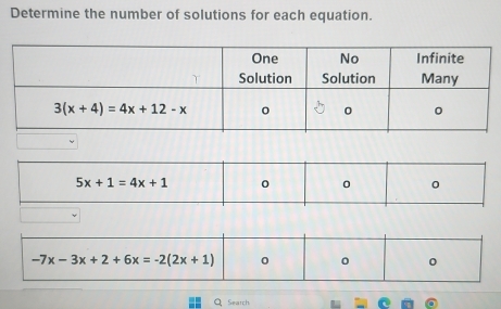 Determine the number of solutions for each equation.
Search