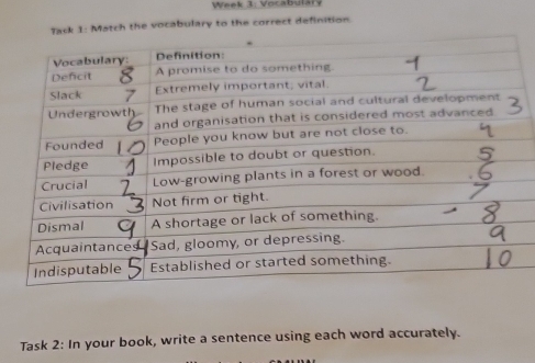 Week 3: Vocabuláry 
Task 1: Match the vocabulary to the correct definition. 
Task 2: In your book, write a sentence using each word accurately.