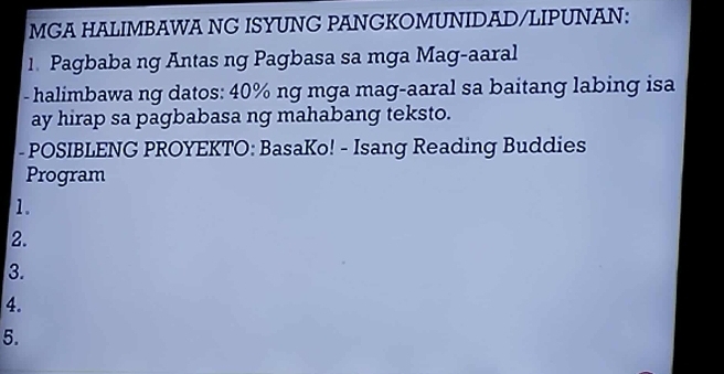 Solved: MGA HALIMBAWA NG ISYUNG PANGKOMUNIDAD/LIPUNAN: 1 Pagbaba ng ...