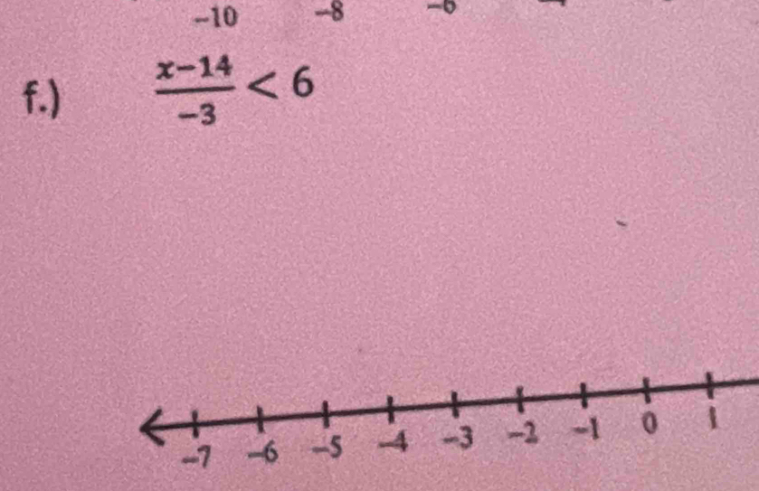-10 -8 -6
f.)  (x-14)/-3 <6</tex>