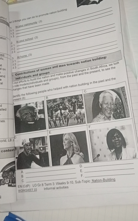 st 3 things you can do to promote nation building 
Jmn C 
_ 
1 In your community (3) 
, ,_ 
1 2
13 
ation
2 In your school. (3)
21
2 2
_
2 3
sed 
_ 
u 3 At home. (3)
3 1
at 3.2
d on
3.3
_ 
altion and make positive changes in South Africa, we look 
individuals and groups 
and 
. Contributions of women and men towards nation building: 
the past and the present, to see the 
d 
alled 
es. 
orld, LB. 
contexts